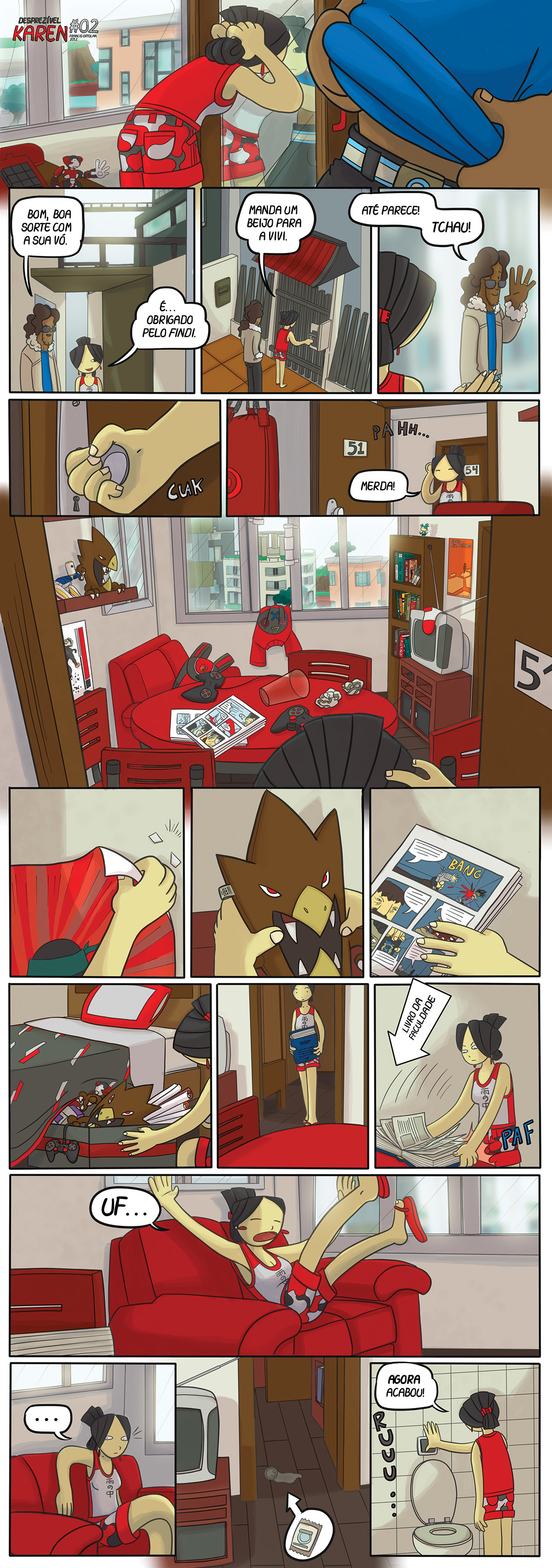 Desprezível Karen 02; quadrinhos; Karen se despede de Elioth e encara a bagunça no apartamento antes da chegada da sua vó. 