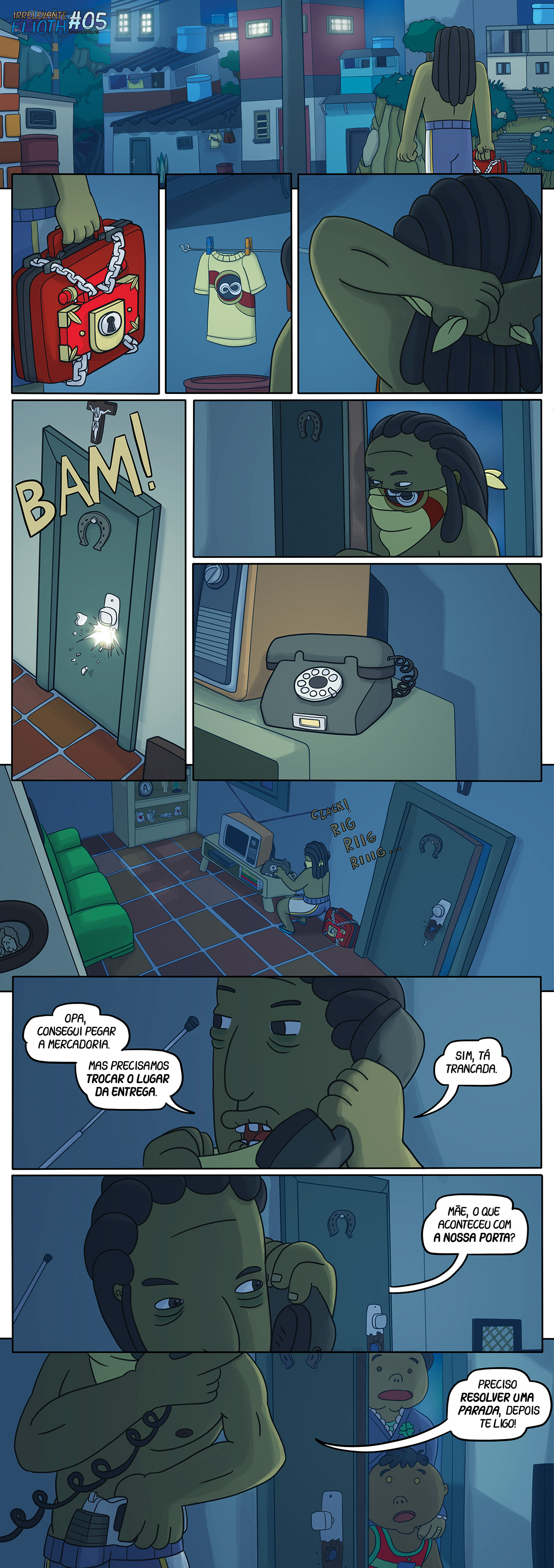 Irrelevante Elioth #05 quadrinhos. O bandido invade uma casa.